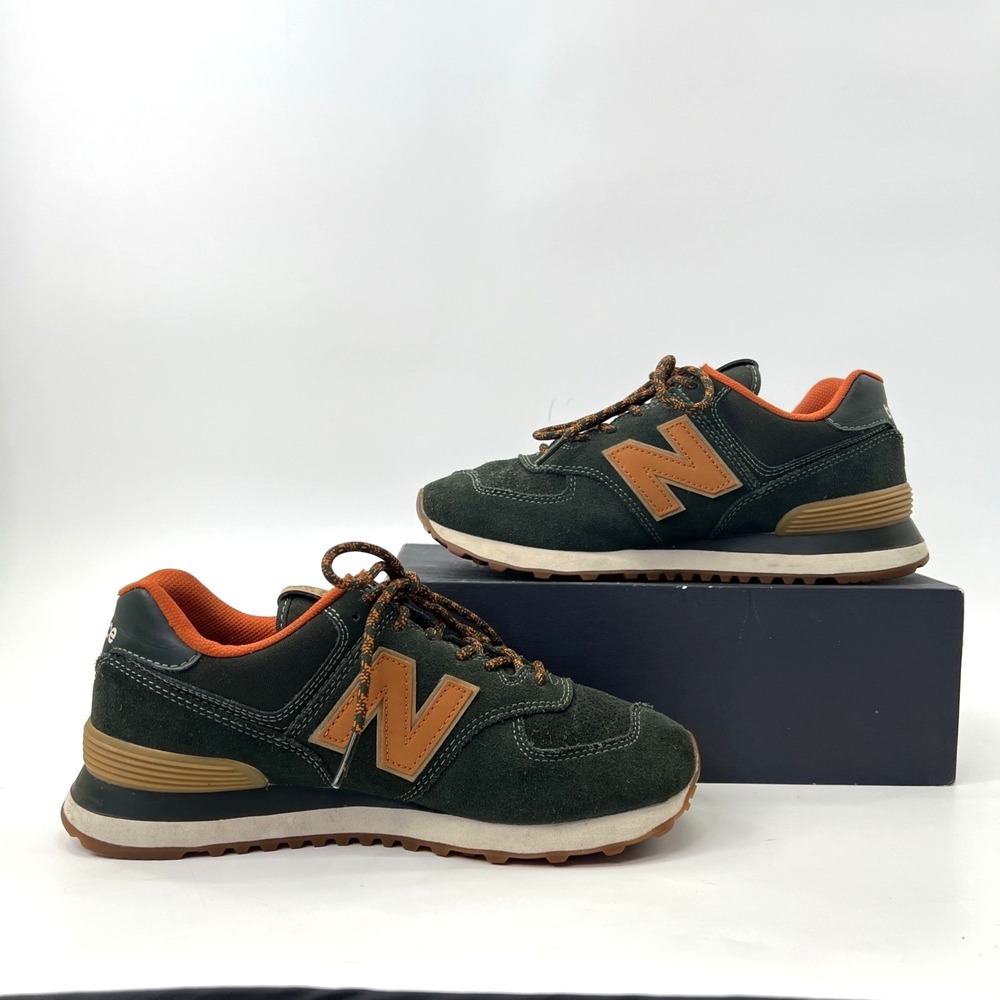 New Balance 574 Olive Green Orange Suede Mesh Sneakers Mens 7 US EU 40